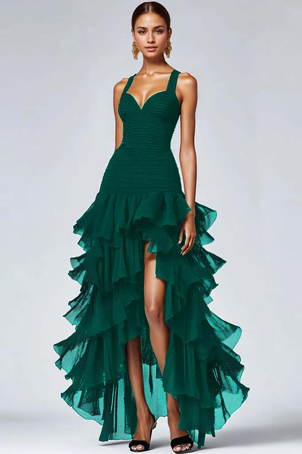 Black Organza Sweetheart Ruffled High-Low Formal Dress