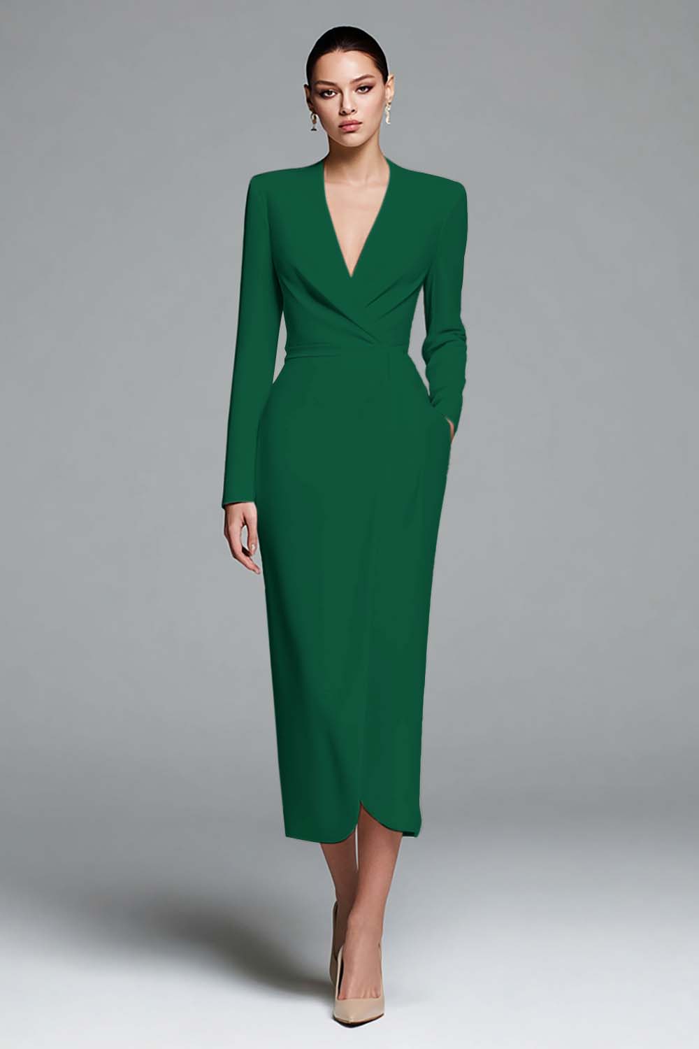 Ivory Satin V-Neck Sheath Long Sleeves Work Dress