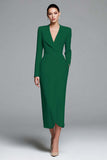 Ivory Satin V-Neck Sheath Long Sleeves Work Dress