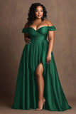 Off the Shoulder Navy Plus Size Long Satin Formal Dress with Slit