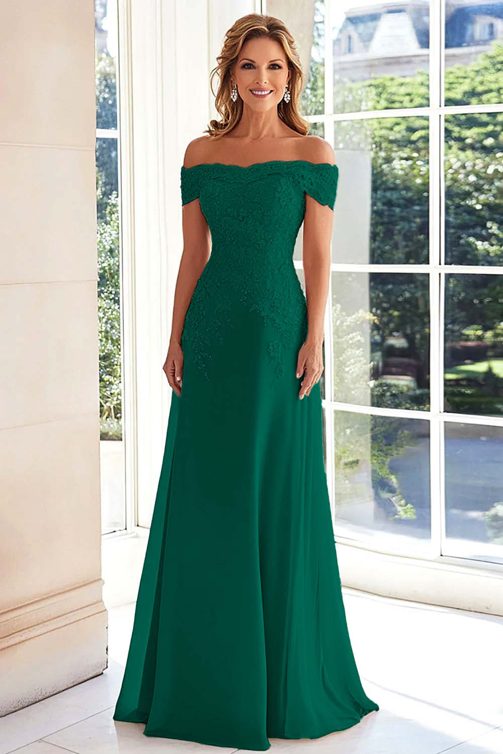 Taupe Off the Shoulder Chiffon Sheath Long Mother of the Bride Dress with Lace