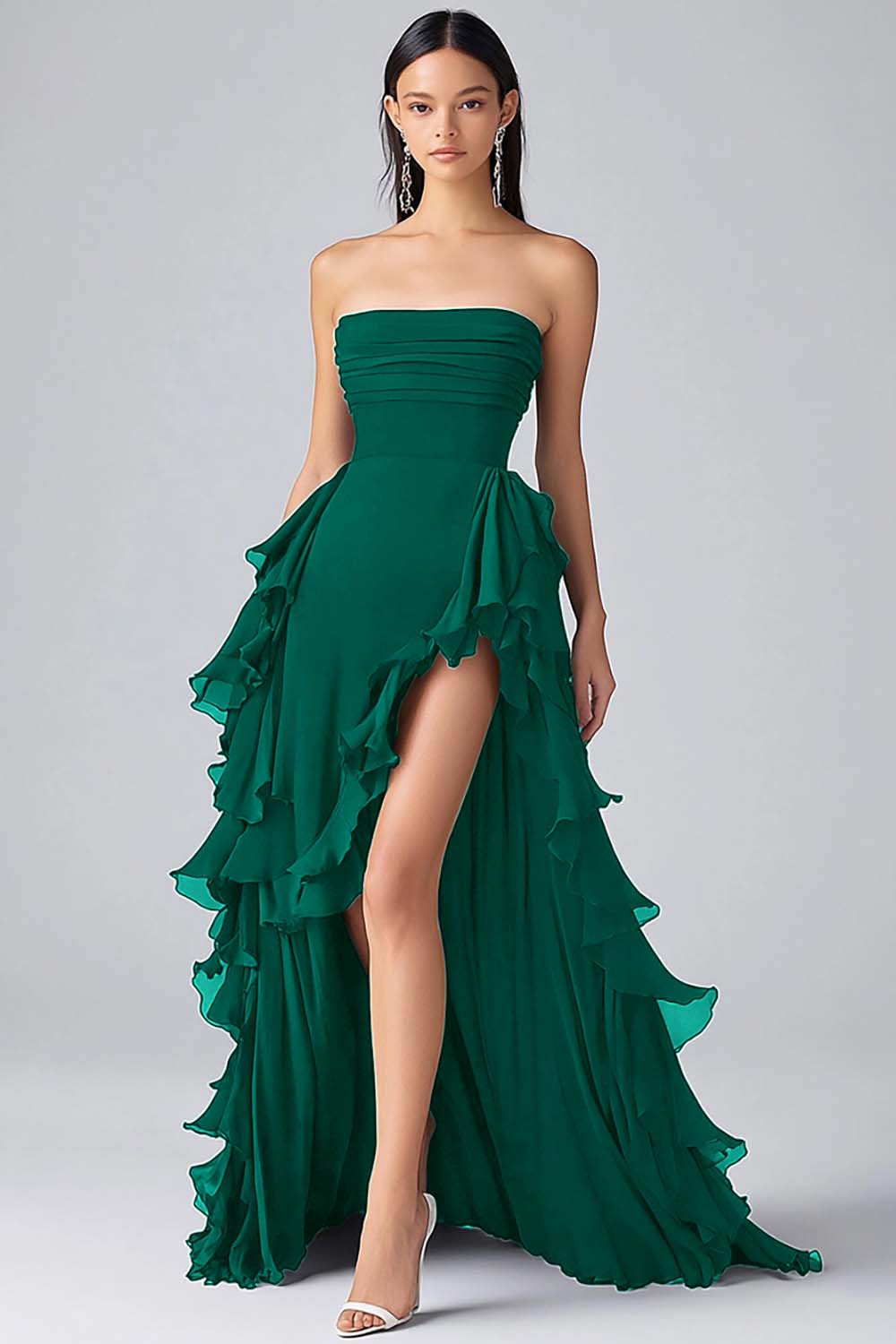 Tiered Long Black Strapless Chiffon Formal Dress with Slit