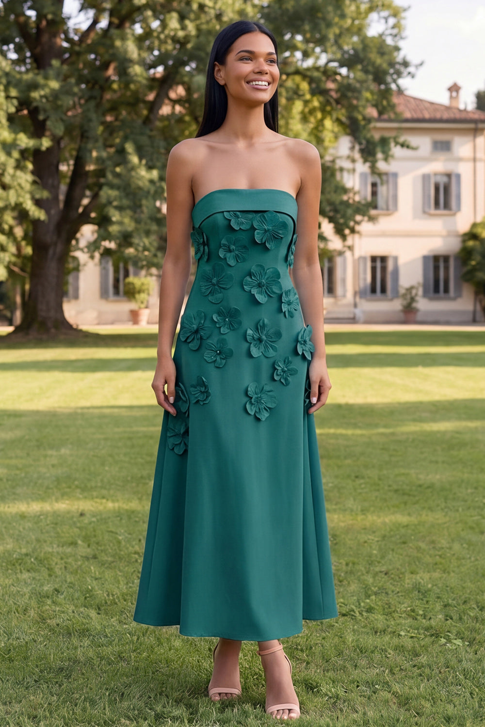 Yellow A Line Strapless Floral Maxi Wedding Guest Dress