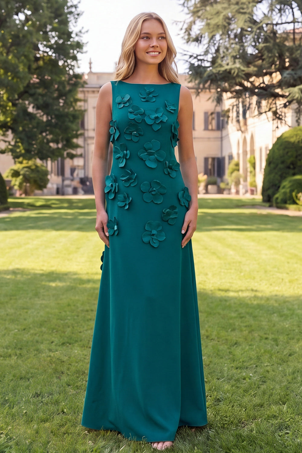 Hot Pink A Line Boat Neck Floral Long Wedding Guest Dress