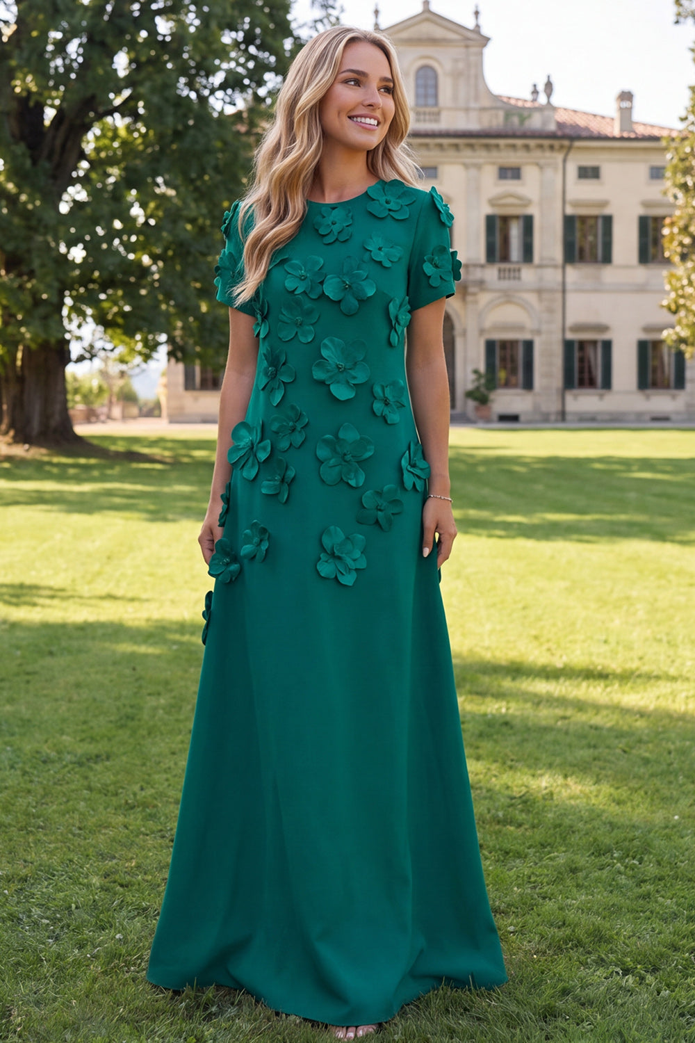 Round Neck Blue A Line Floral Long Wedding Guest Dress with Sleeves