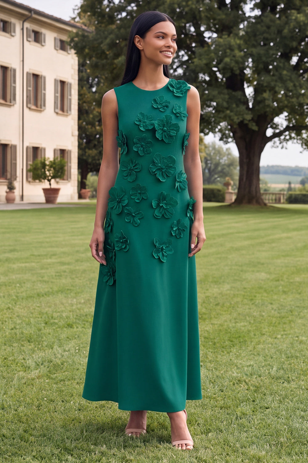 Hot Pink A Line Round Neck Floral Maxi Wedding Guest Dress