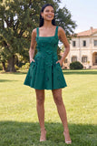 Blue Short Floral Square Neck A Line Homecoming Dress with Pockets