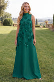 Blue A Line High Neck Floral Long Wedding Guest Dress