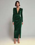 Olive Sheath Velvet Deep V-Neck Long Holiday Party Dress with Sleeves