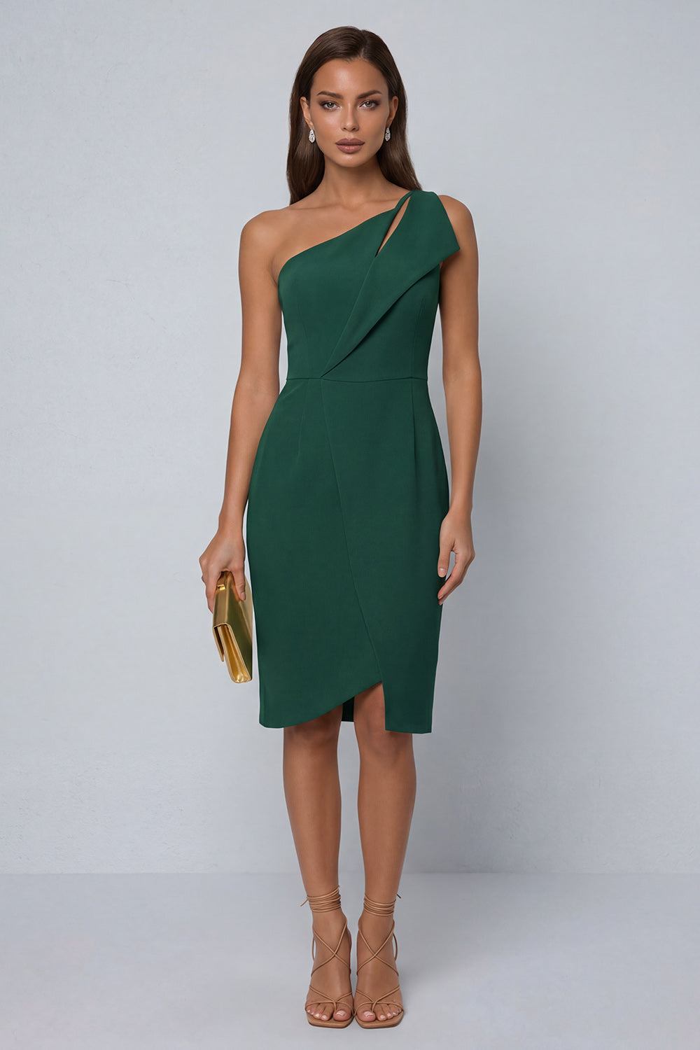 Black Pencil Knee Length One Shoulder Work Dress