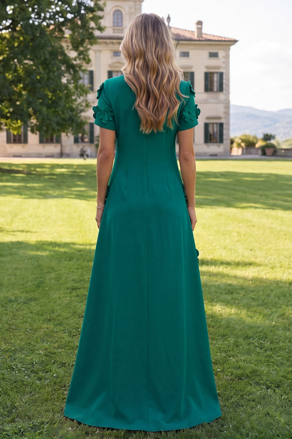 Round Neck Blue A Line Floral Long Wedding Guest Dress with Sleeves