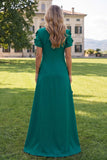 Round Neck Blue A Line Floral Long Wedding Guest Dress with Sleeves