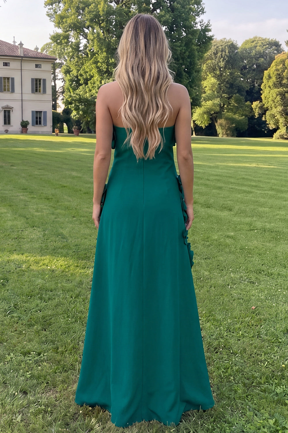 Sage Green A Line Strapless Floral Maxi Wedding Guest Dress