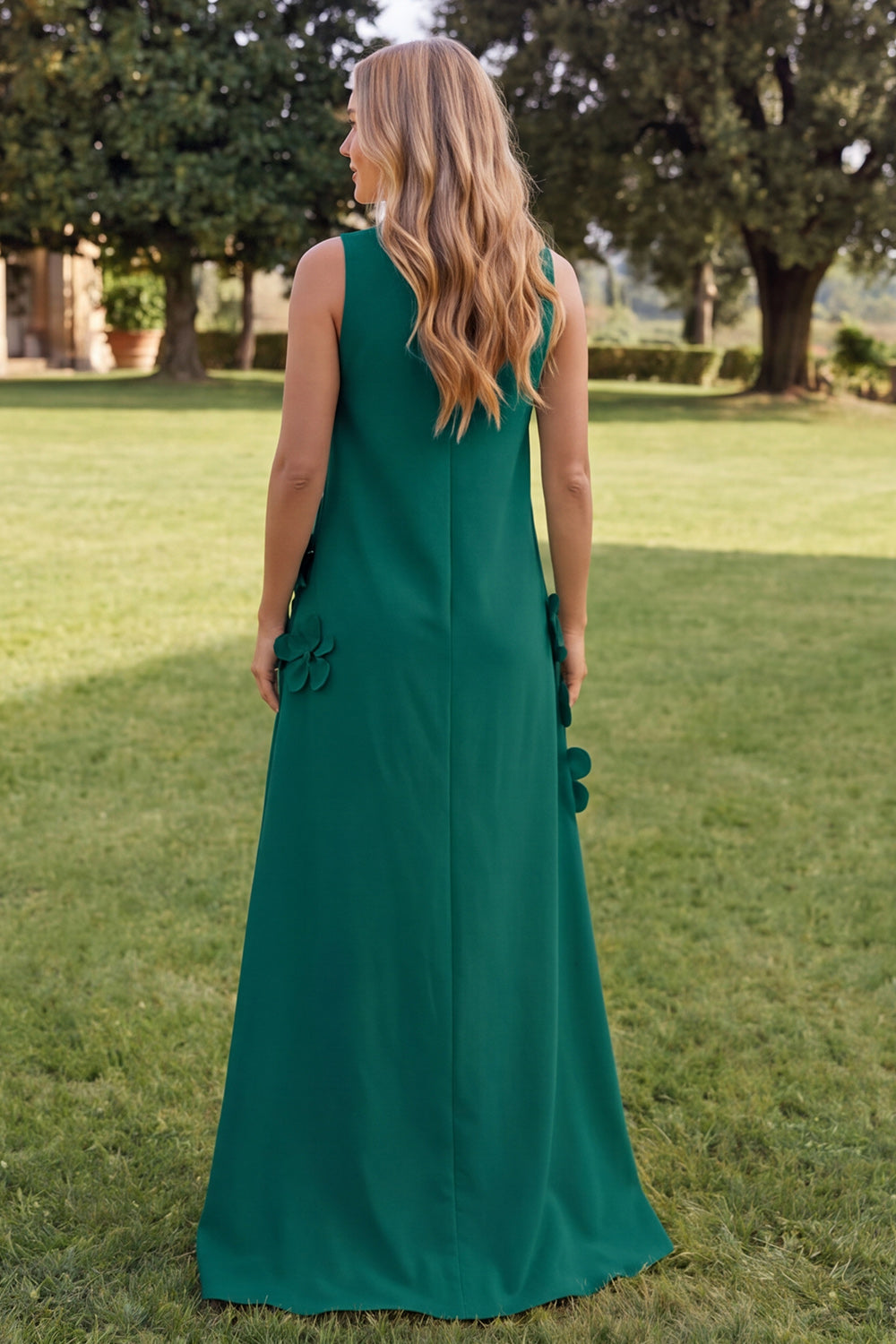 Blue A Line High Neck Floral Long Wedding Guest Dress