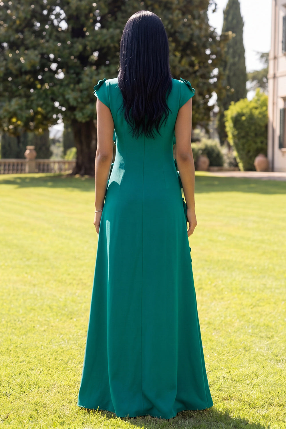 Butter Yellow A Line Round Neck Floral Long Wedding Guest Dress with Sleeves