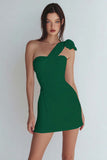 Ivory One Shoulder Satin Ruched Short Tight Graduation Dress with Bow