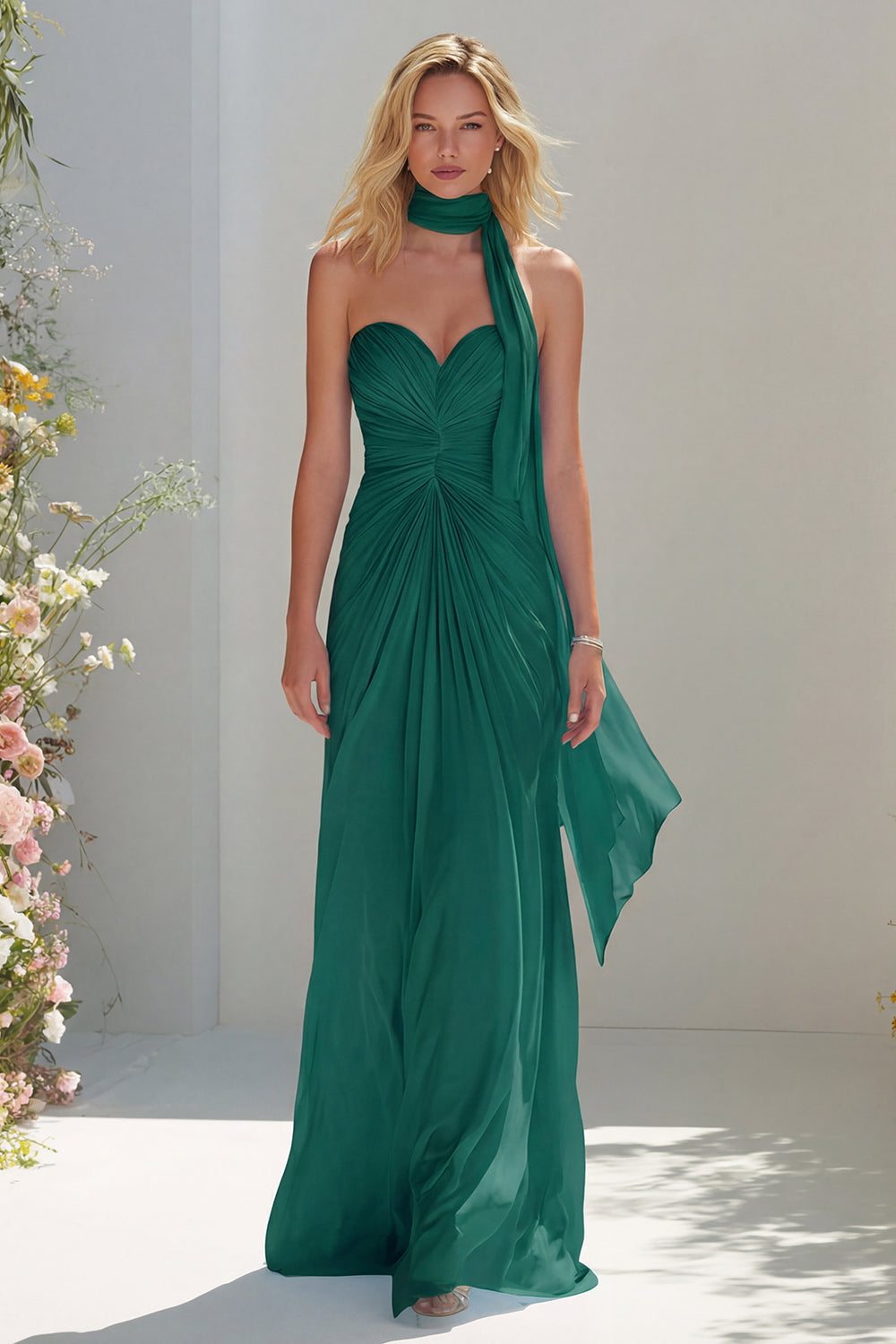 Sky Blue A Line Sweetheart Ruched Neck Scarf Long Prom Dress