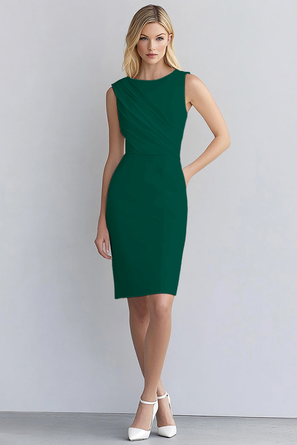 Ivory Bodycon Scoop Neck Sleeveless Ruched Short Work Dress
