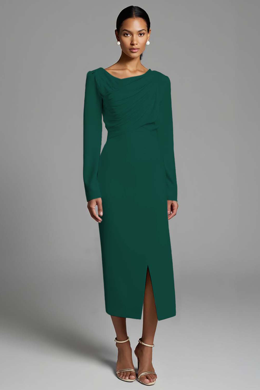 Ivory Ruched Pencil Long Sleeves Work Dress with Slit