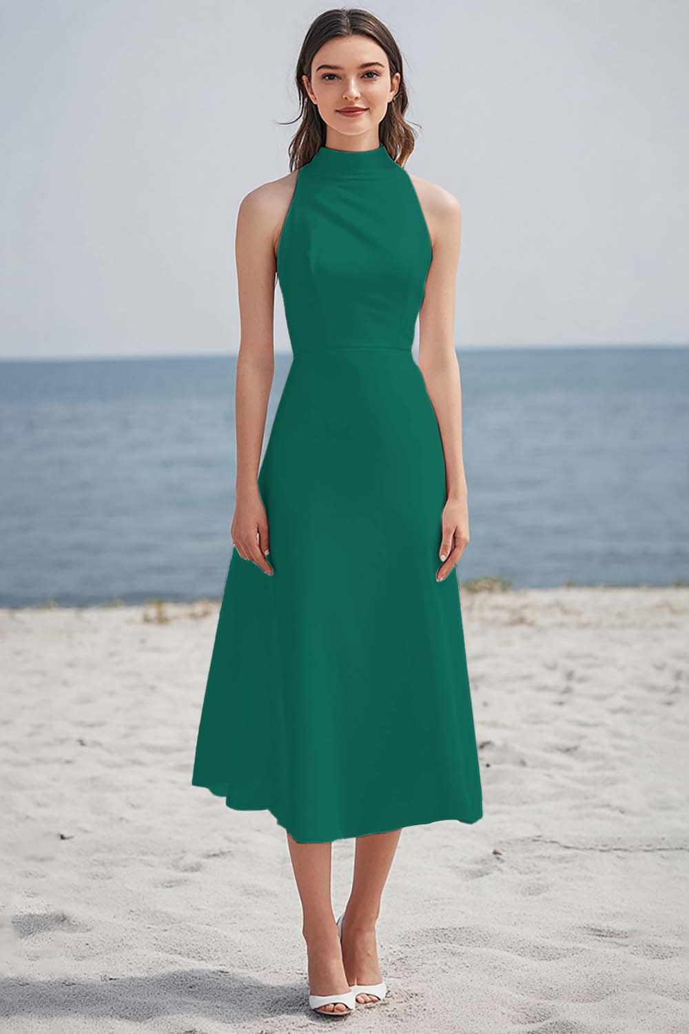 Ivory Satin High Neck Maxi Rehearsal Dinner Dress