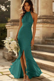 Dusty Sage Sheath Chiffon Halter Long Bridesmaid Dress with Slit