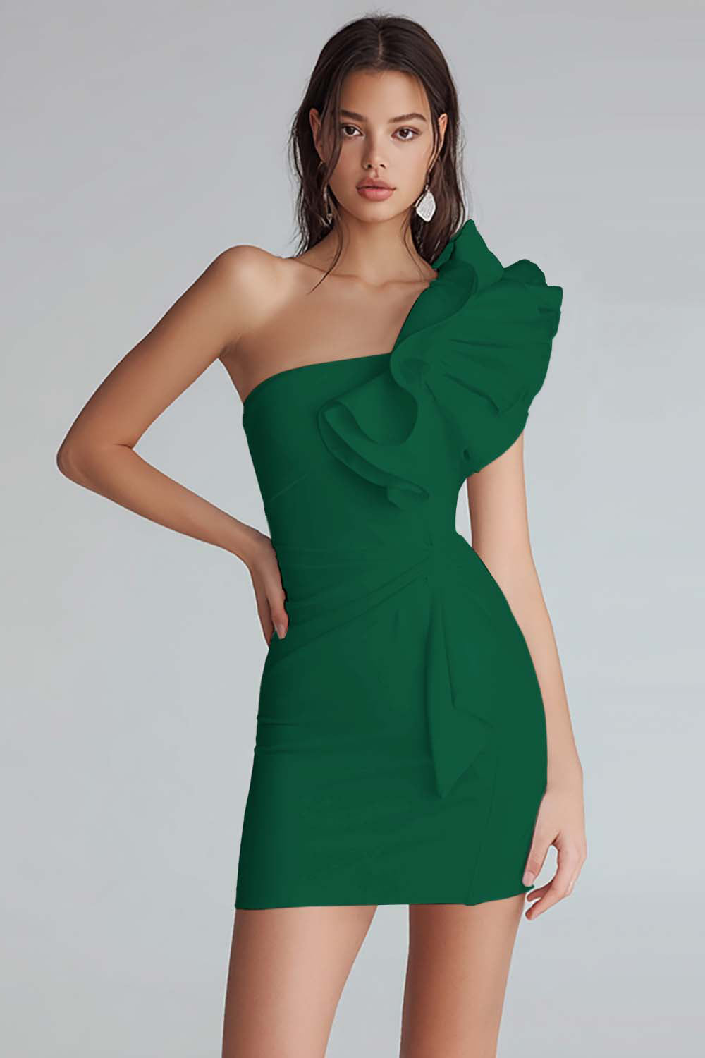 Ivory Satin One Shoulder Short Tight Graduation Dress with Ruffles
