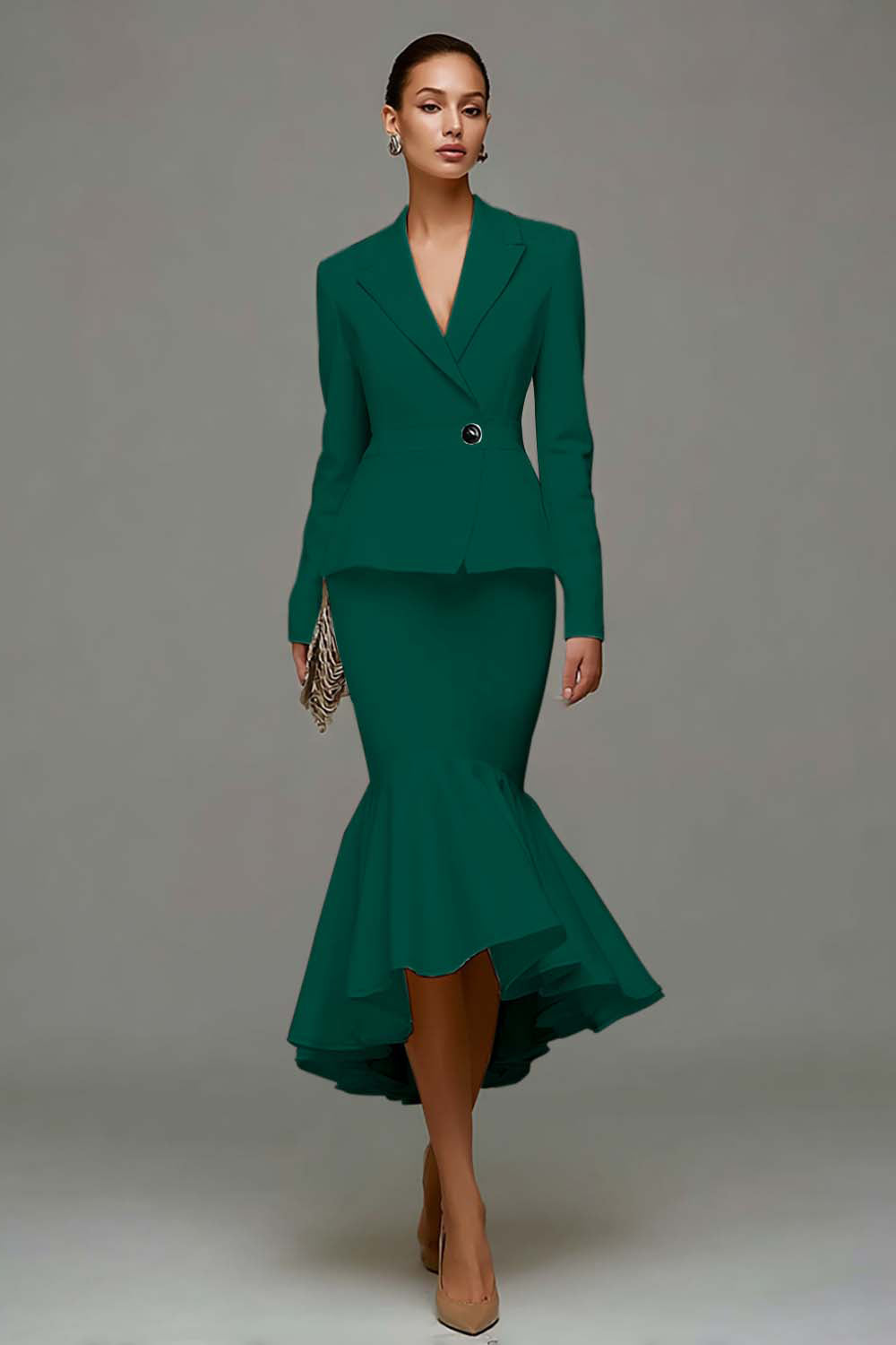 Ivory Satin Notched Lapel 2 Piece Midi Business Suits with Ruffles