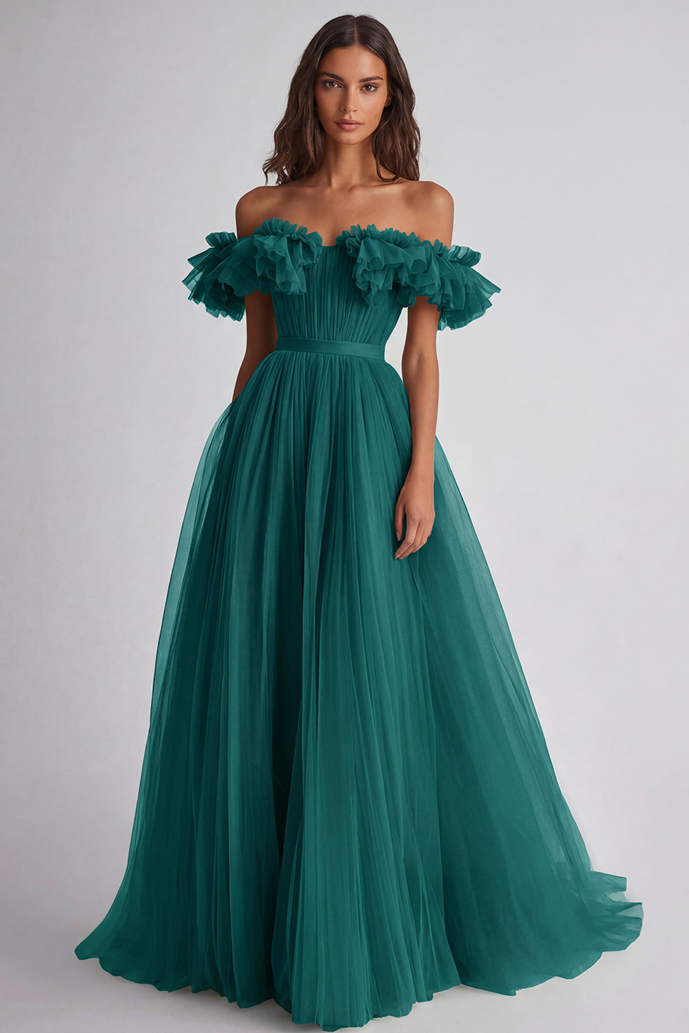 A Line Dusty Sage Off the Shoulder Long Wedding Guest Dress with Ruffles