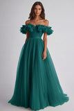 A Line Dusty Sage Off the Shoulder Long Wedding Guest Dress with Ruffles