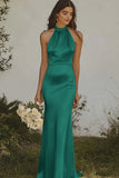 Mermaid Light Yellow Halter Long Satin Bridesmaid Dress