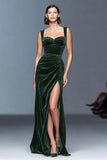 Burgundy Velvet Ruched Long Holiday Party Dress with Slit