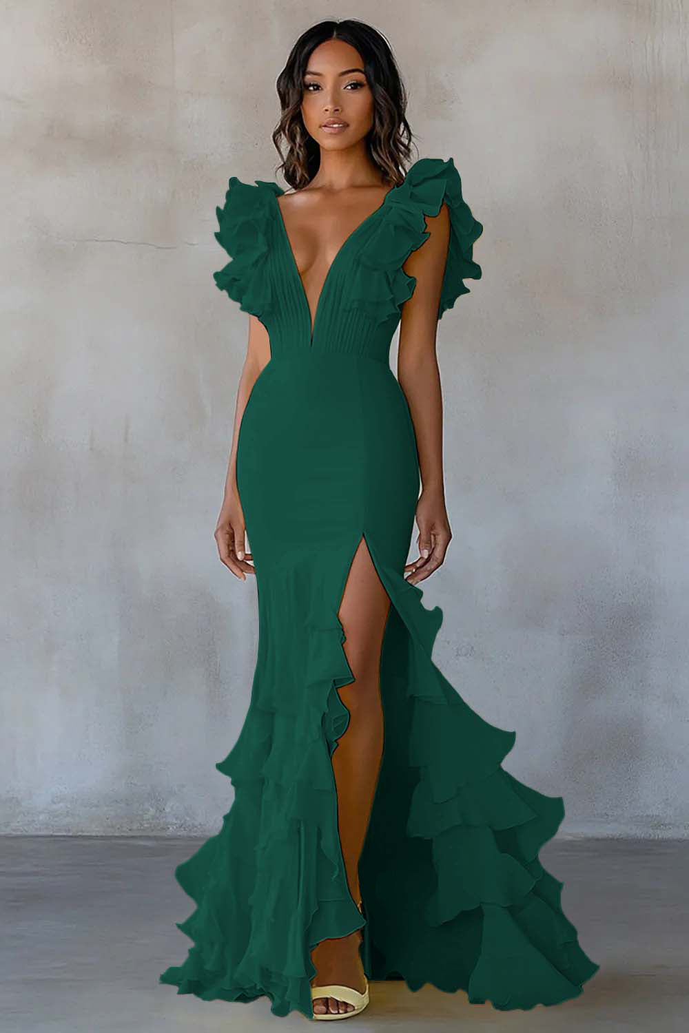 Yellow Chiffon Mermaid Long Formal Dress with Ruffles