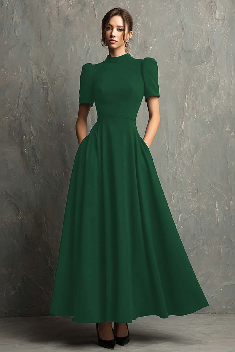 Black High Neck Short Sleeves A-Line Long Formal Dress with Pockets