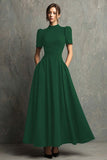 Black High Neck Short Sleeves A-Line Long Formal Dress with Pockets
