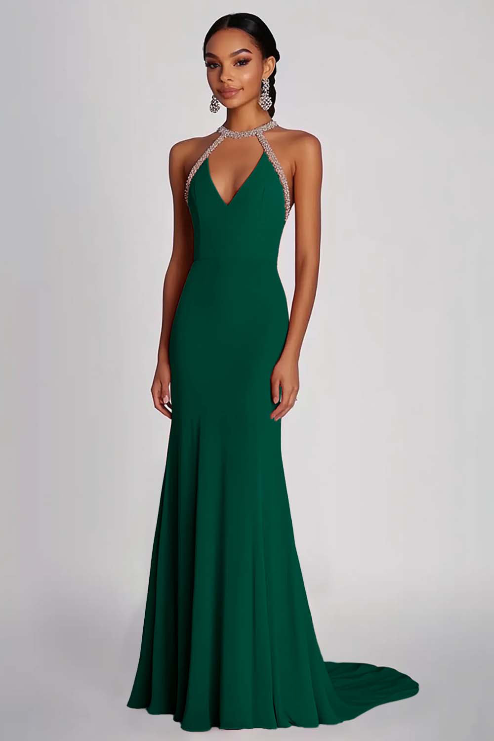 Pink Halter Neck Sheath Long Formal Dress with Beading