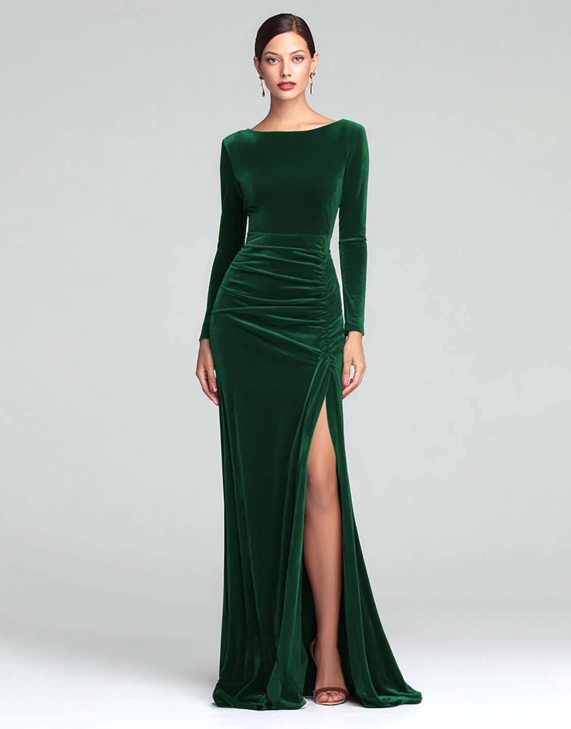 Burgundy Boat Neck Velvet Ruched Long Sleeves Holiday Party Dress