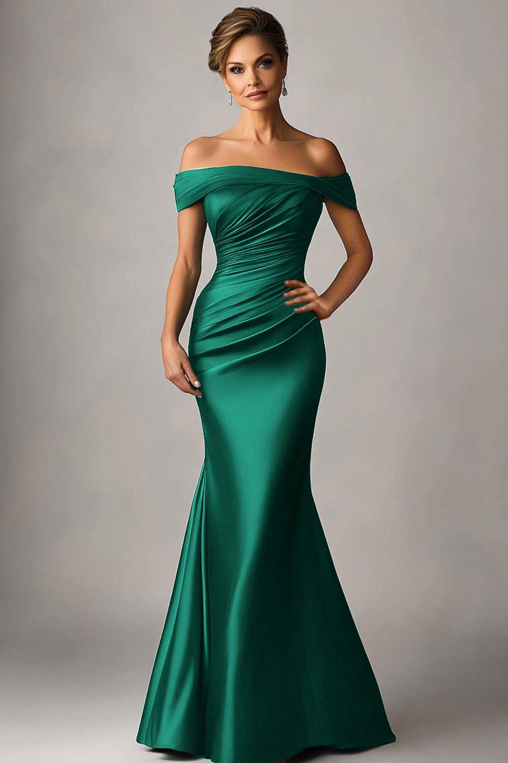 Peacock Blue Mermaid Off The Shoulder Ruched Satin Formal Dress