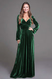 Burgundy Velvet A-Line V-Neck Long Holiday Party Dress with Sleeves