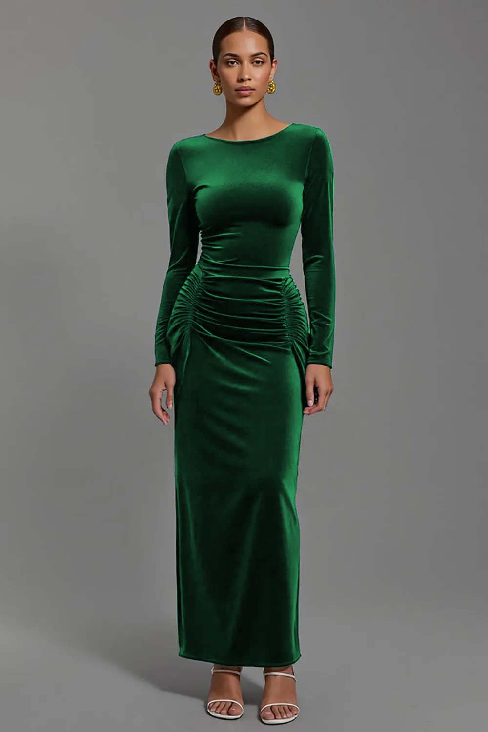 Navy Velvet Boat Neck Sheath Long Holiday Party Dress with Sleeves