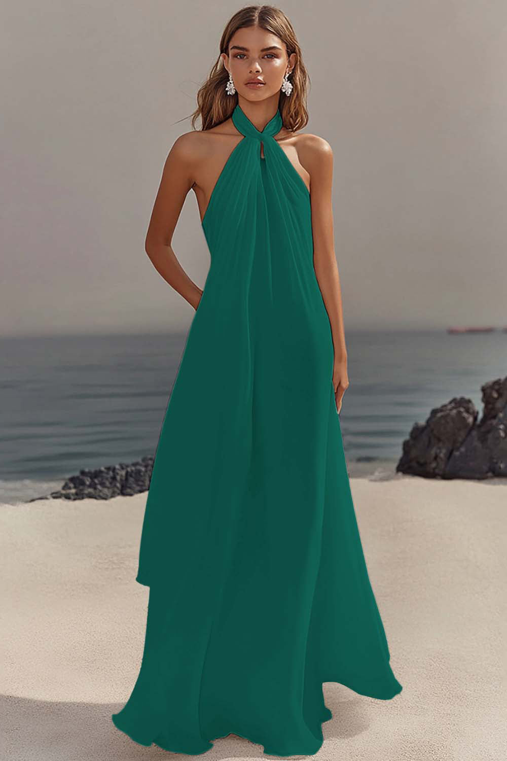 White Halter Neck A Line Long Chiffon Rehearsal Dinner Dress