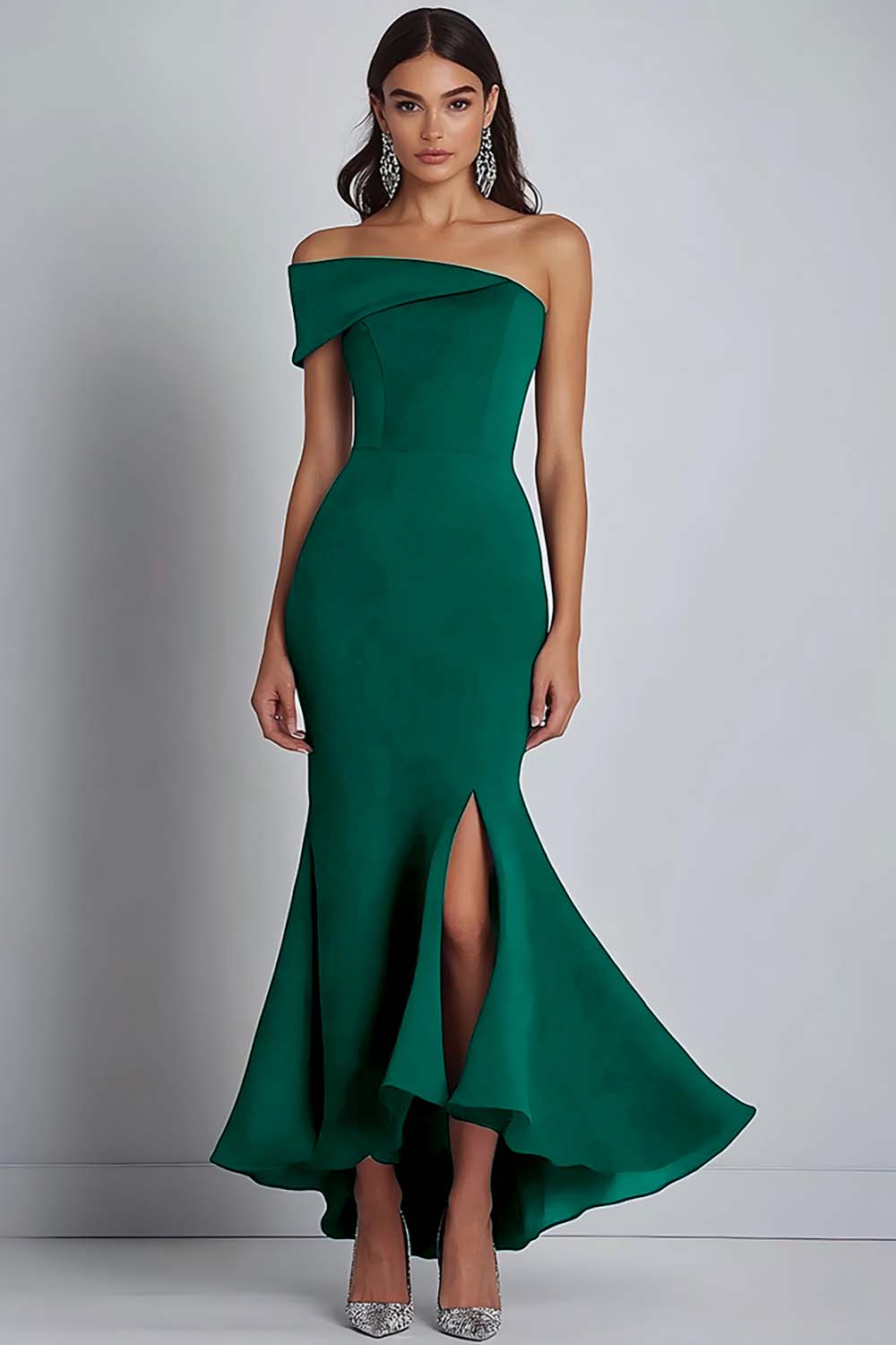 Satin Navy Sheath Off the Shoulder Long Formal Dress with Slit