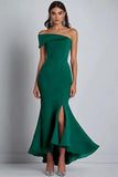 Satin Navy Sheath Off the Shoulder Long Formal Dress with Slit