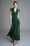 Caramel Velvet Ruched V Neck Long Holiday Party Dress with Sleeves