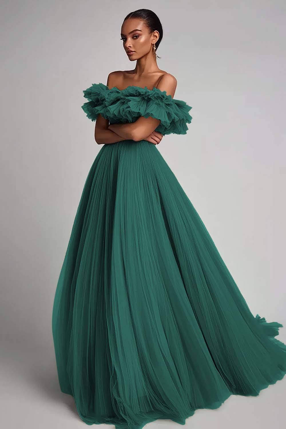 Dusty Sage Off the Shoulder Long Tulle Formal Dress with Ruffles