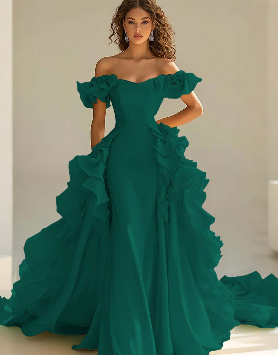 Yellow Satin Long Off the Shoulder Prom Dress with Ruffles