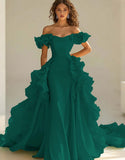 Yellow Satin Long Off the Shoulder Prom Dress with Ruffles