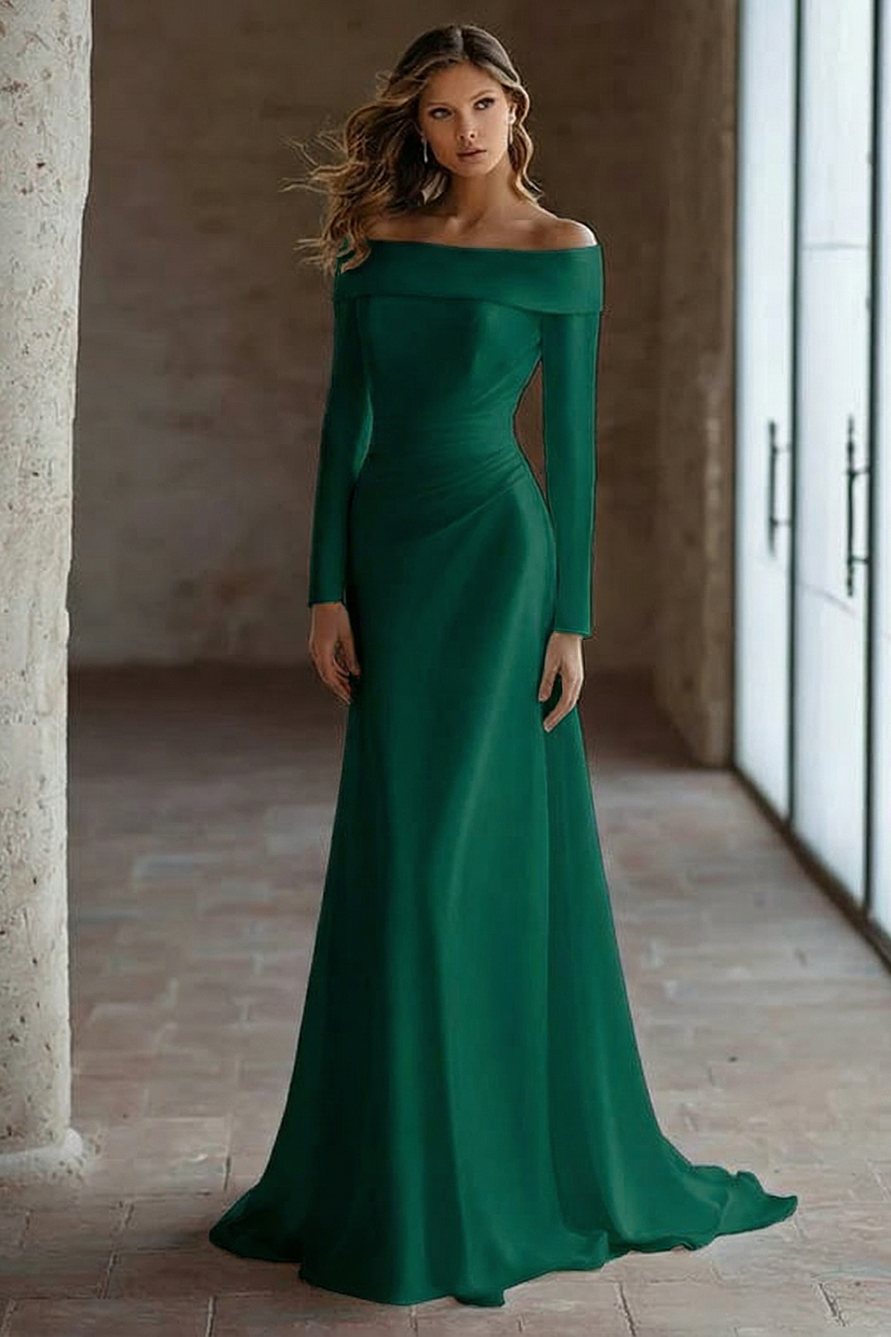 Ivory Satin Off The Shoulder Sweep Train Wedding Dress with Sleeves