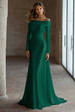 Ivory Satin Off The Shoulder Sweep Train Wedding Dress with Sleeves