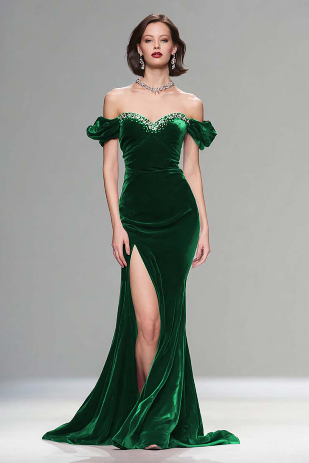 Sparkly Burgundy Velvet Mermaid Long Holiday Party Dress with Beading