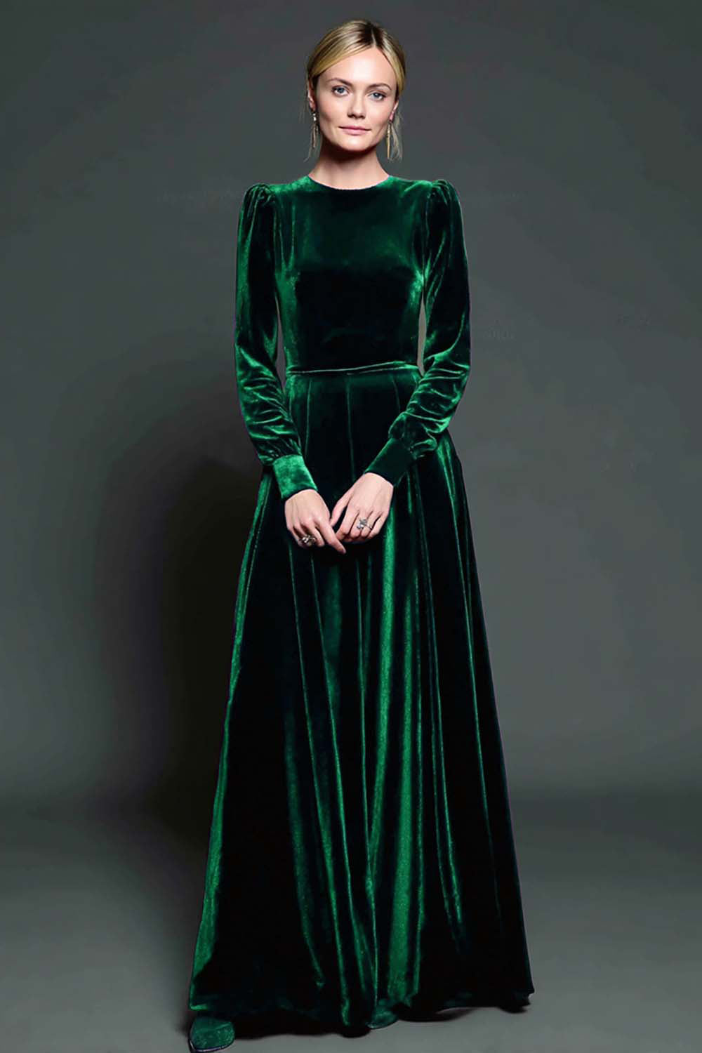 Simple Dark Purple Velvet A Line Long Holiday Party Dress with Sleeves